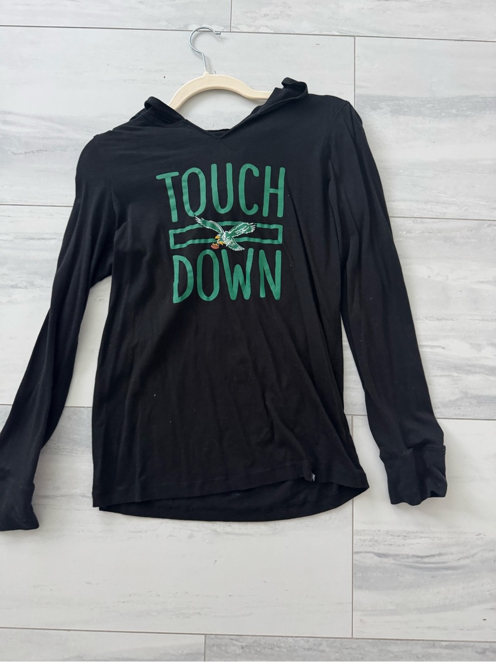 Philadelphia Eagles Black Long-Sleeve Hooded Tee with Green 'TOUCH DOWN' Graphic